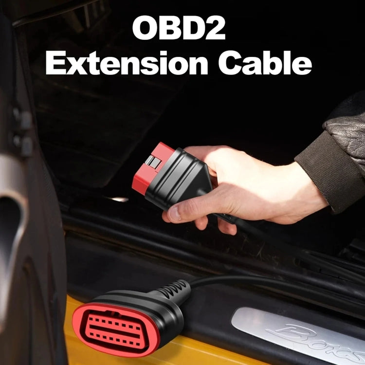 OBD2 extension cable adapter plug with red 16-pin port being held for connection