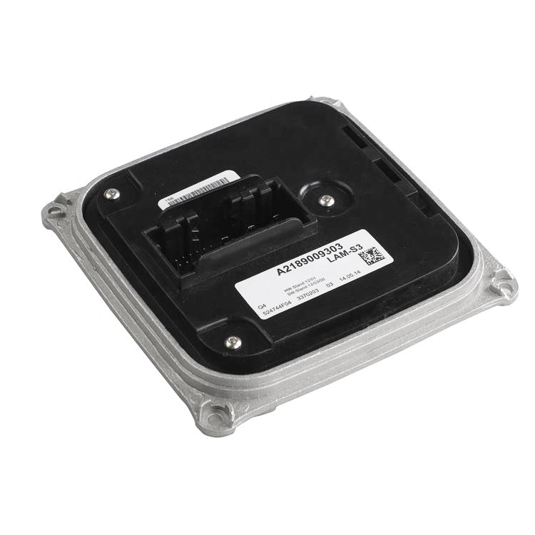 Mercedes-Benz LED daytime running light driver module, angled black housing with wiring connectors