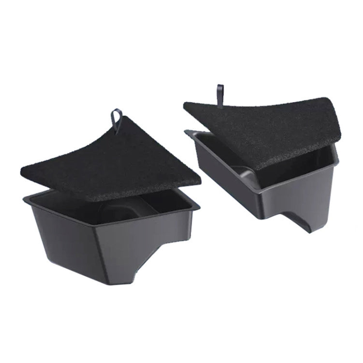 Pair of black car trunk side storage boxes with flocked lids
