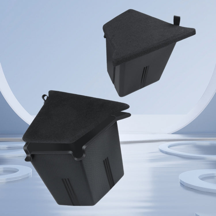 Black car trunk side storage boxes with flocked lids installed in trunk corner