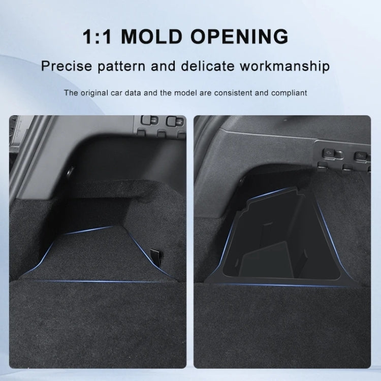 Car trunk storage box lid close-up with textured flocked surface and molded edges
