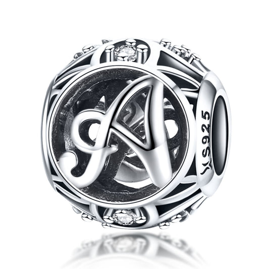 S925 sterling silver round letter bead charm with cutout letter design