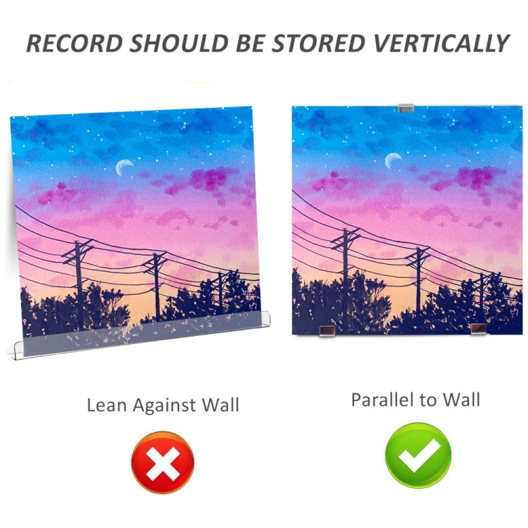 Two wall-mounted clear acrylic record display stands for vinyl storage