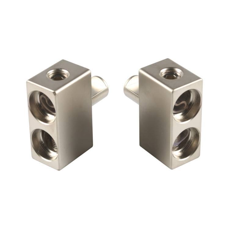 Two metal car audio power terminal blocks with wire connection screw holes