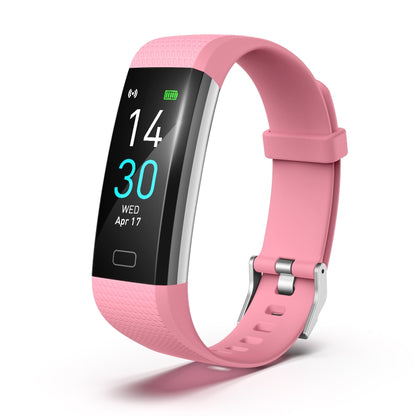 Pink fitness tracker smart bracelet with black screen showing time and date