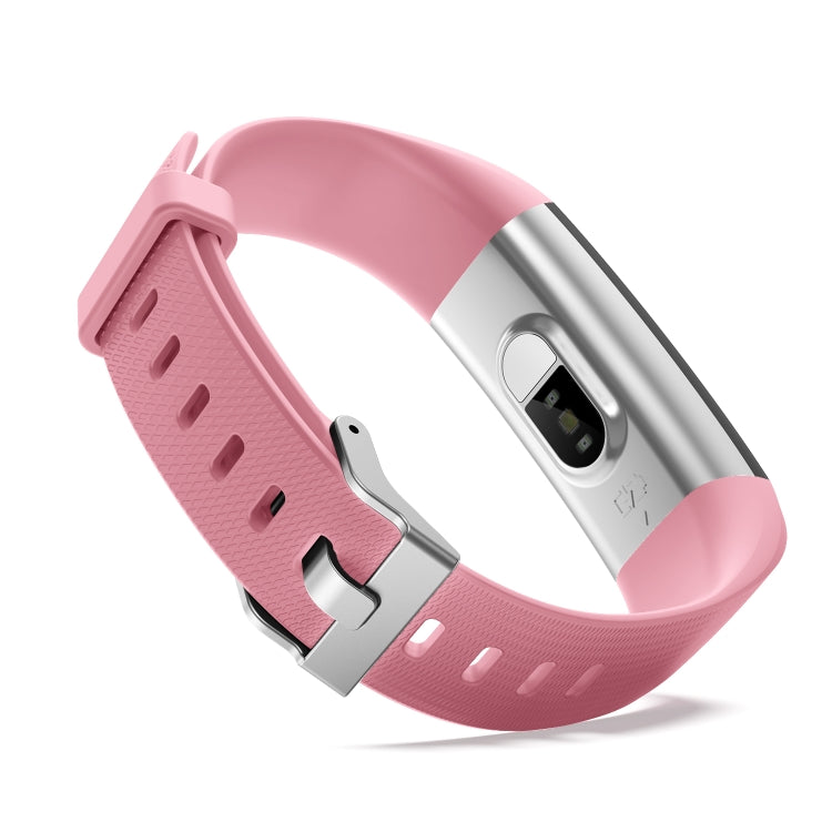 Pink fitness tracker smart bracelet with sensor detail on the back case