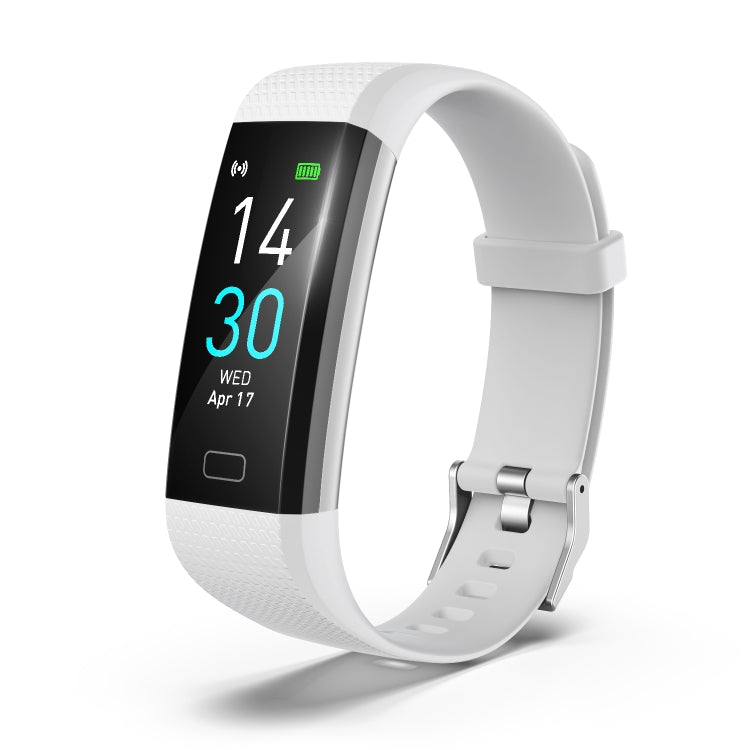 White fitness tracker smart bracelet with black screen showing time and date