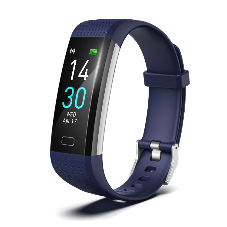 Navy blue fitness tracker smart bracelet with black screen and activity icons