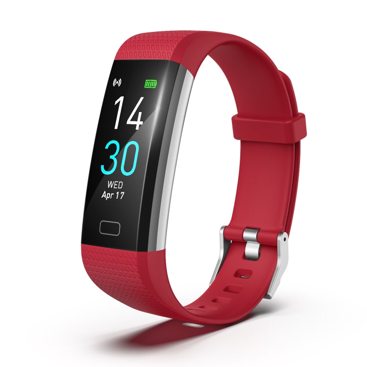 Red fitness tracker smart bracelet with black screen showing time and date