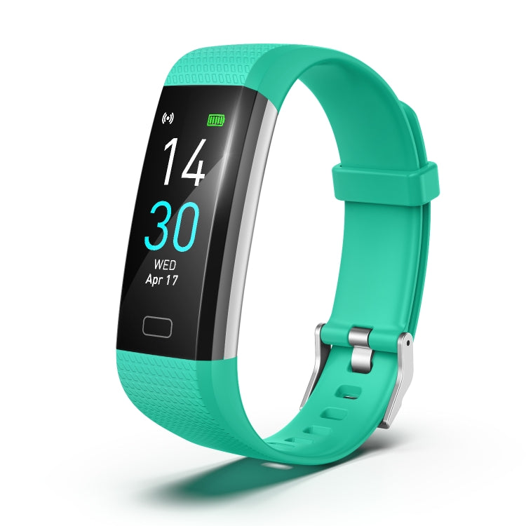 Teal smart fitness tracker bracelet with display showing time, date, and activity