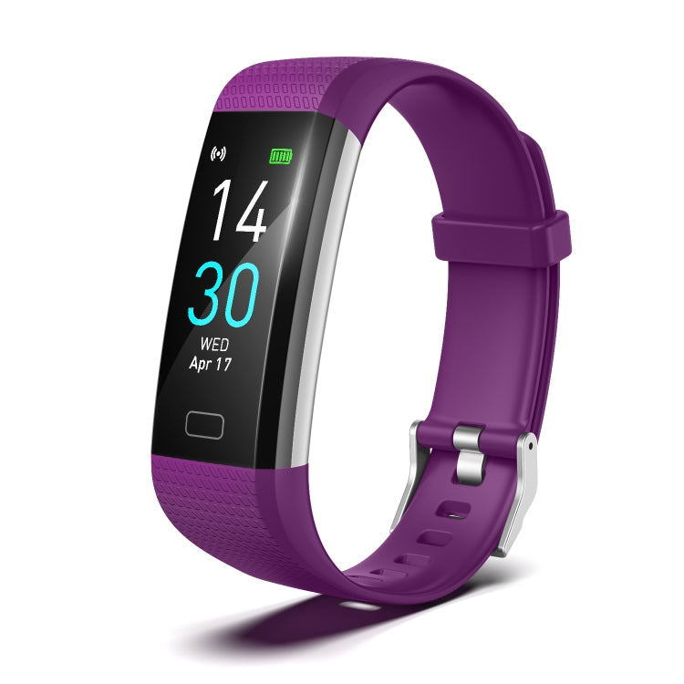 Purple smart fitness tracker bracelet with display showing time, date, and activity