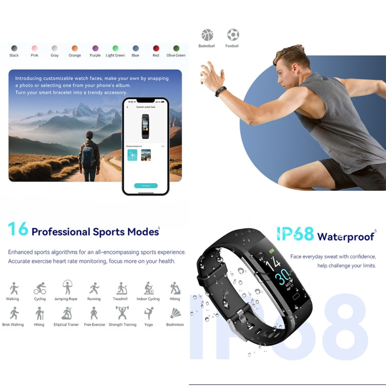 Multiple smart fitness tracker bracelets in assorted colors, each showing on-screen metrics