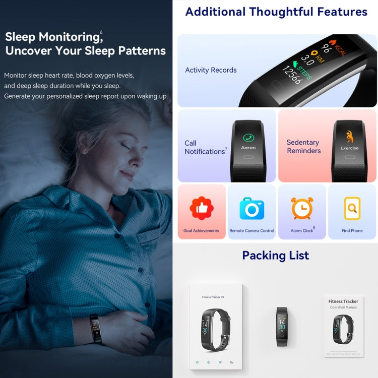 Smart fitness tracker bracelet with smartwatch display and product packing list graphics