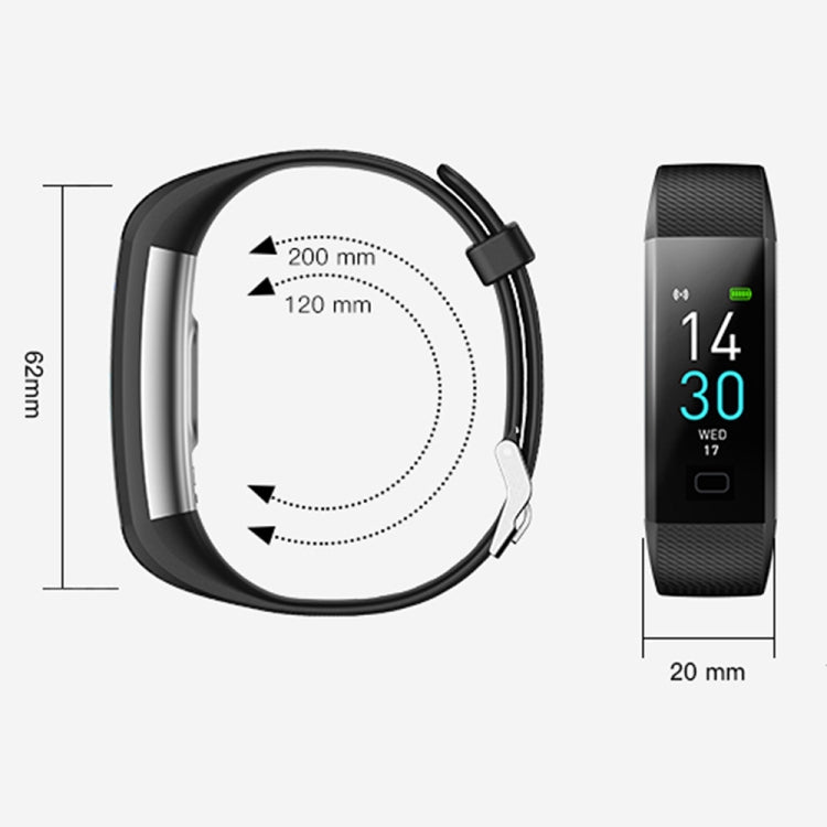 Black smart fitness tracker bracelet with size diagram and side view