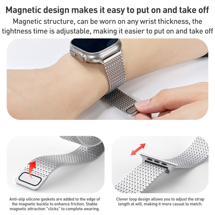 Magnetic Milanese loop watch band on wrist with adjustable magnetic clasp