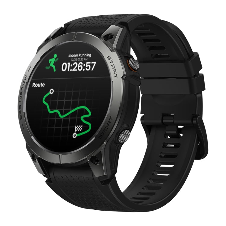 Black round sports smartwatch with fitness route display on AMOLED screen