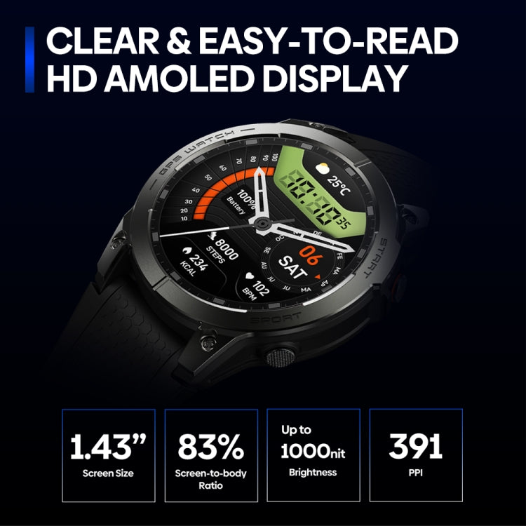 Black round sports smartwatch with high-contrast workout metrics on screen