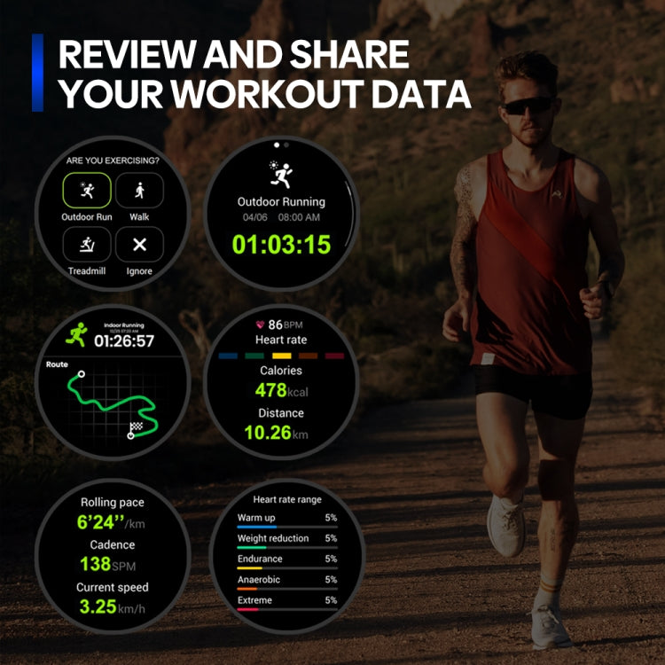 Black sports smartwatch displaying outdoor running stats and heart-rate data