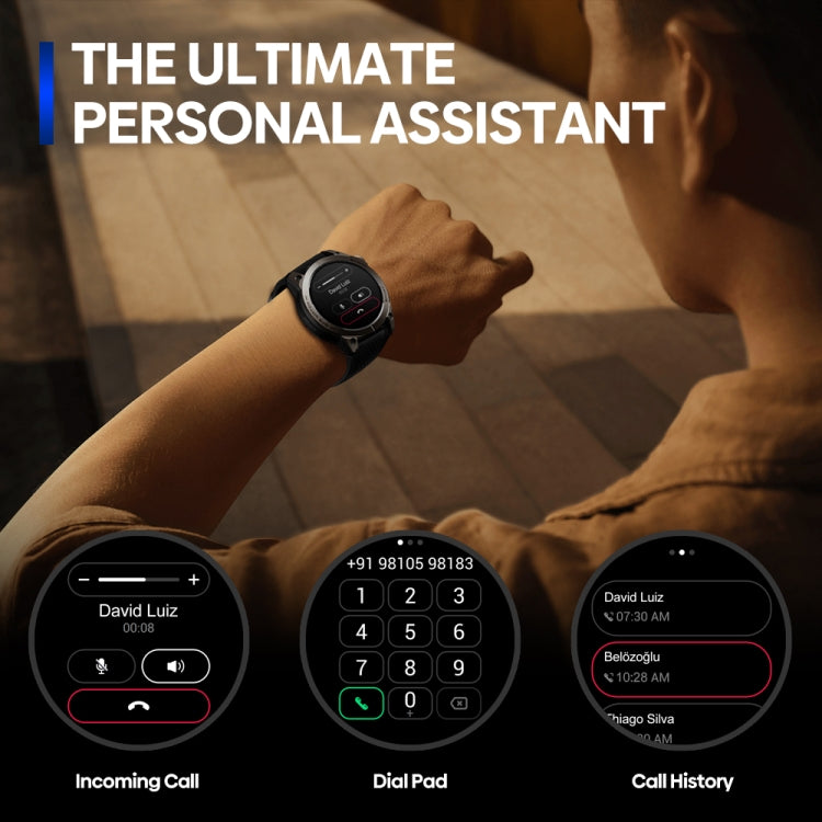 Black sports smartwatch on wrist, screen showing incoming call controls