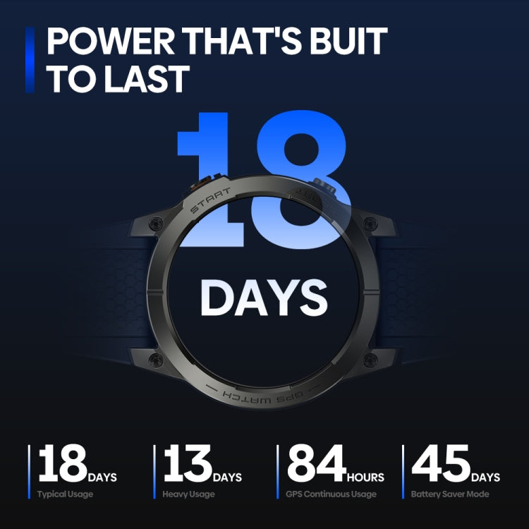 Round smartwatch with black strap and metal bezel, screen shows a days countdown