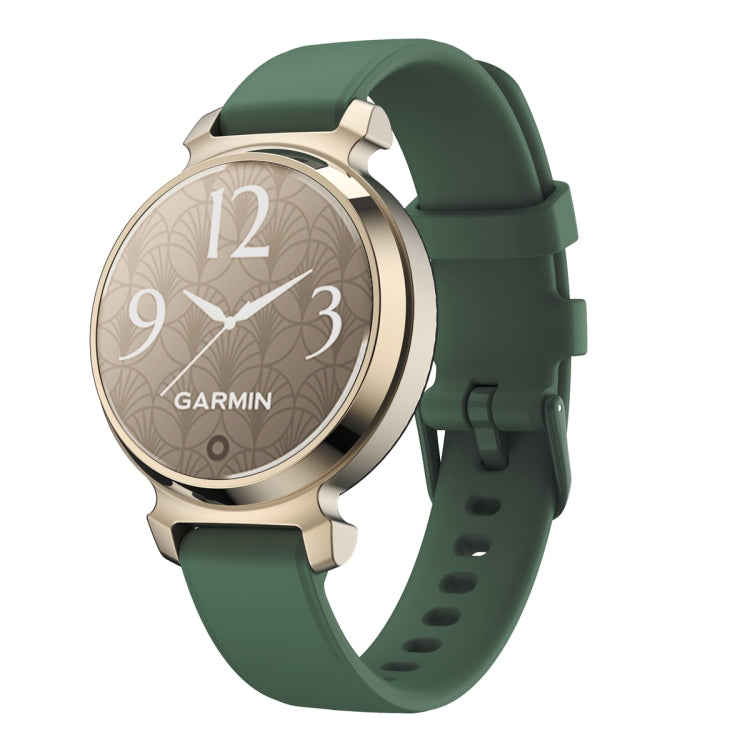 Dark green silicone watch band on a Garmin Lily 2 watch, shown from the front.