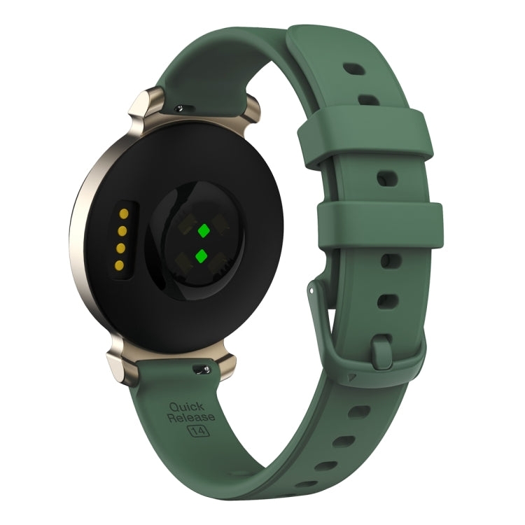 Dark green silicone watch band fitted to a Garmin Lily 2 watch, shown from the back.