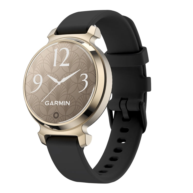 Black silicone watch band on a Garmin Lily 2 watch, shown from the front.