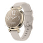 Garmin Lily 2 watch with a light gray silicone band and gold-tone case