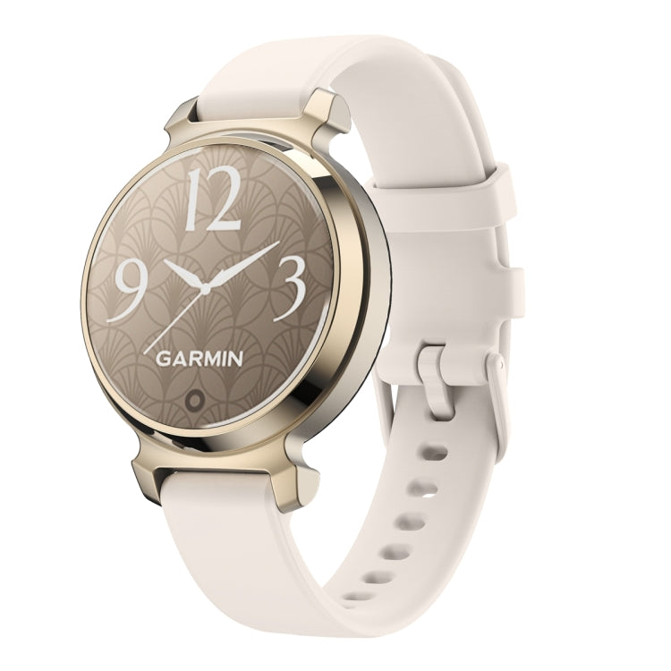 Garmin Lily 2 watch with an ivory silicone band and gold-tone case