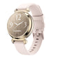 Garmin Lily 2 watch with a pale pink silicone band and gold-tone case