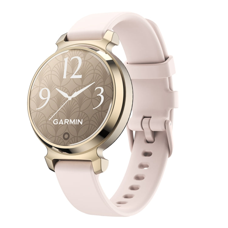 Garmin Lily 2 watch with a pale pink silicone band and gold-tone case