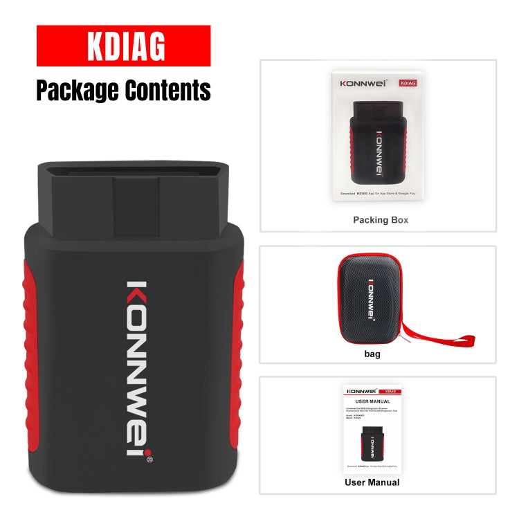 KONNWEI K DIAG OBDII diagnostic scanner package contents with user manual and pouch