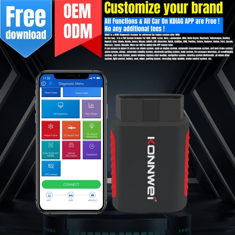 KONNWEI K DIAG OBDII diagnostic scanner beside smartphone app, dark gray and red