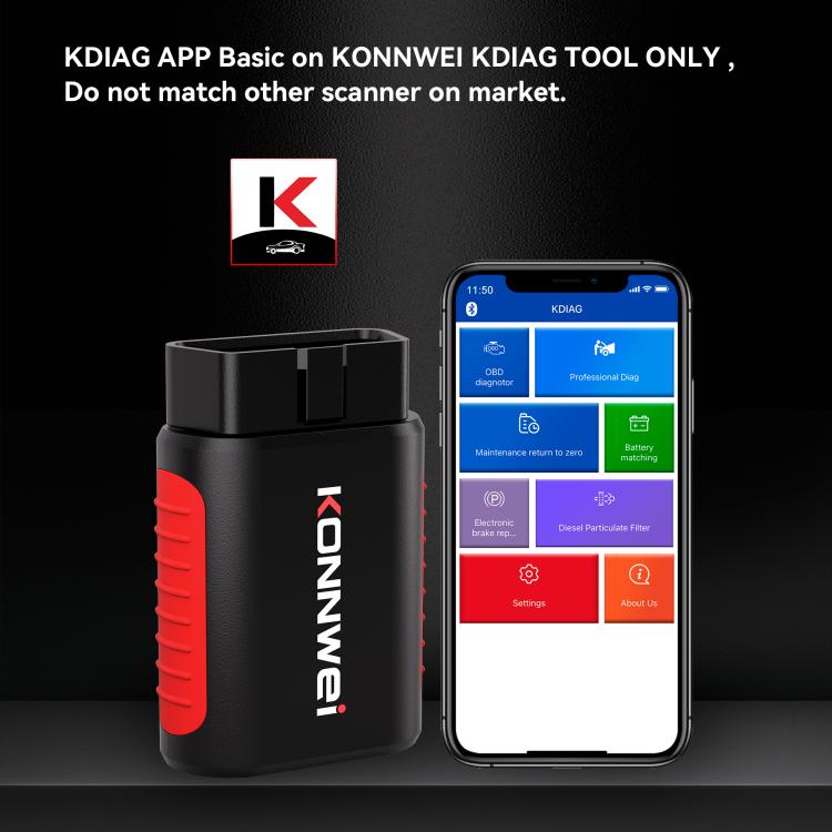 KONNWEI K DIAG OBDII diagnostic scanner with smartphone display, dark gray and red
