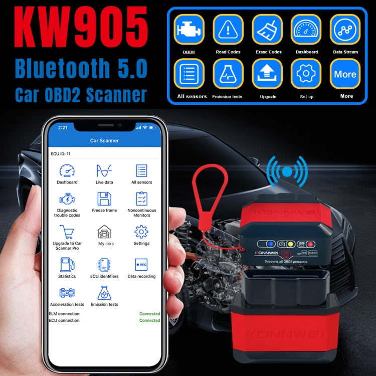 KONNWEI KW905 OBD2 Bluetooth car scanner with connected cable and phone app screen