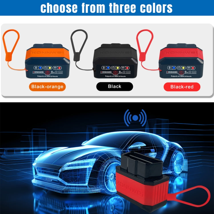 KONNWEI KW905 OBD2 Bluetooth scanner shown in three colors with cable