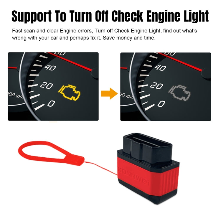 KONNWEI KW905 OBD2 Bluetooth car scanner with red cable and check-engine gauge