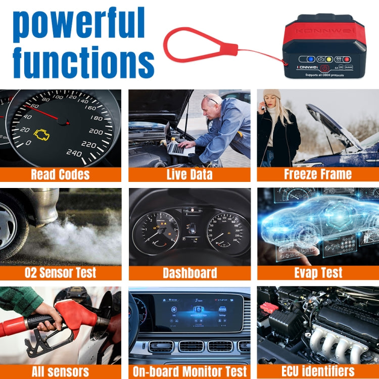 KONNWEI KW905 OBD2 Bluetooth scanner with red cable and feature function icons