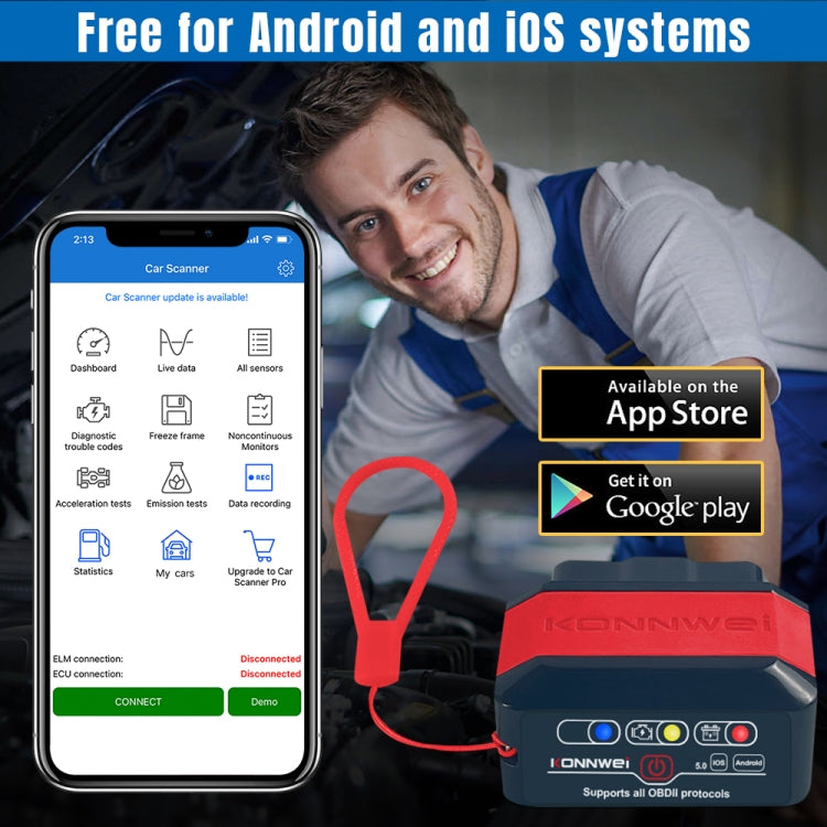 KONNWEI KW905 OBD2 Bluetooth scanner with smartphone app display and red cable
