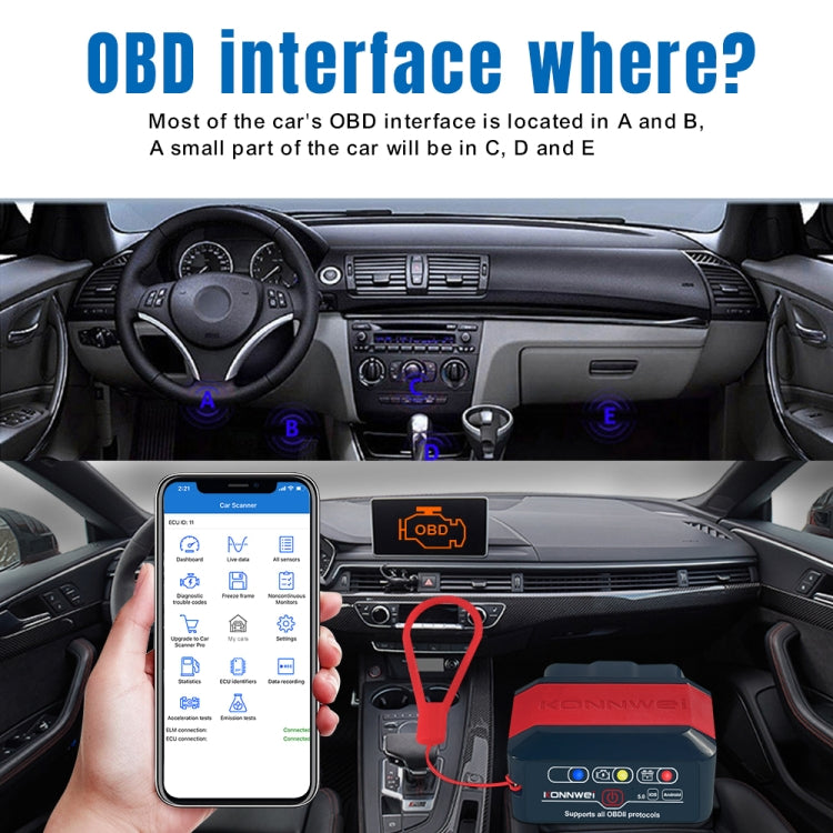 KONNWEI KW905 OBD2 Bluetooth scanner plugged in with phone app screen in car