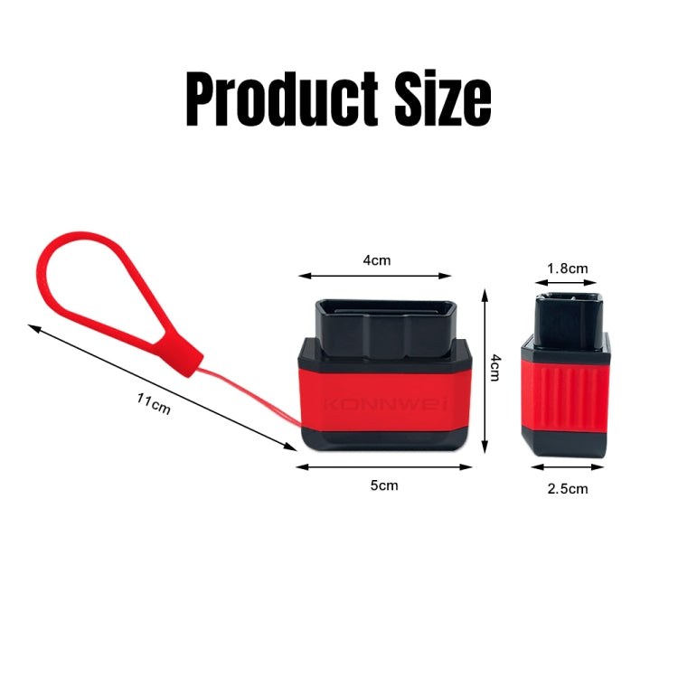 KONNWEI KW905 OBD2 Bluetooth scanner size diagram with red cable and dimensions