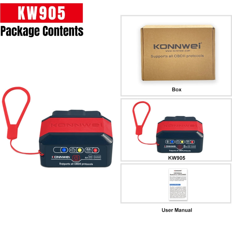 Bluetooth OBD2 scanner with lanyard, compact black-blue body and red top, labeled KW905