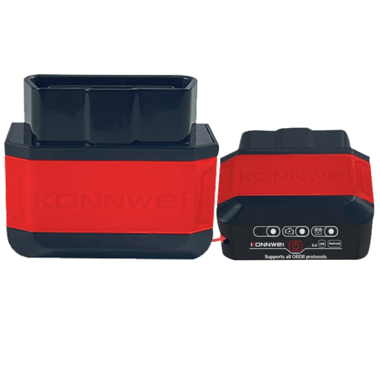 Bluetooth OBD2 scanner with red and black housing, front connector panel visible