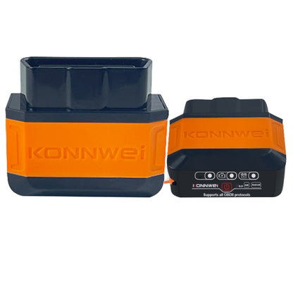 Bluetooth OBD2 scanner with orange and black housing, front connector panel visible