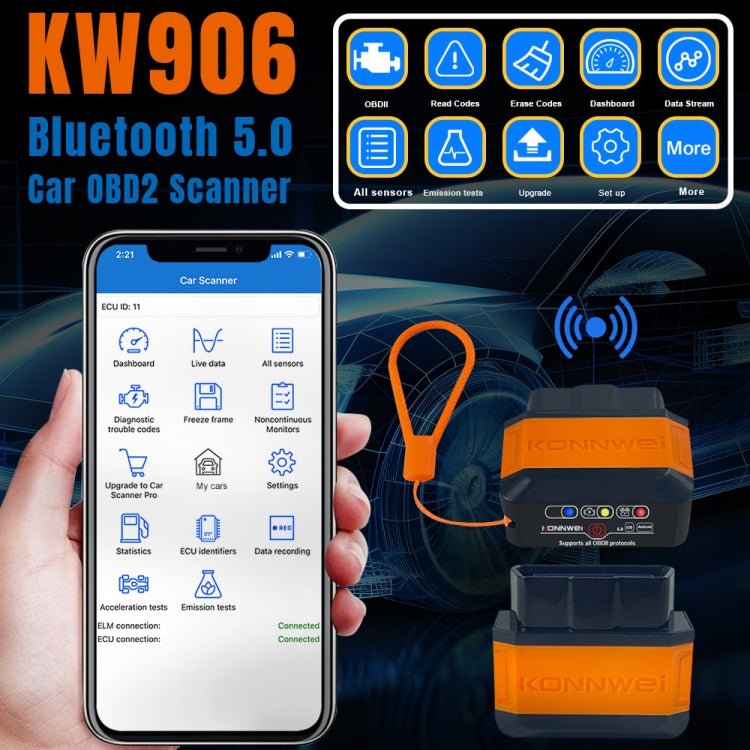 Bluetooth OBD2 scanner with orange cable, shown next to a smartphone screen