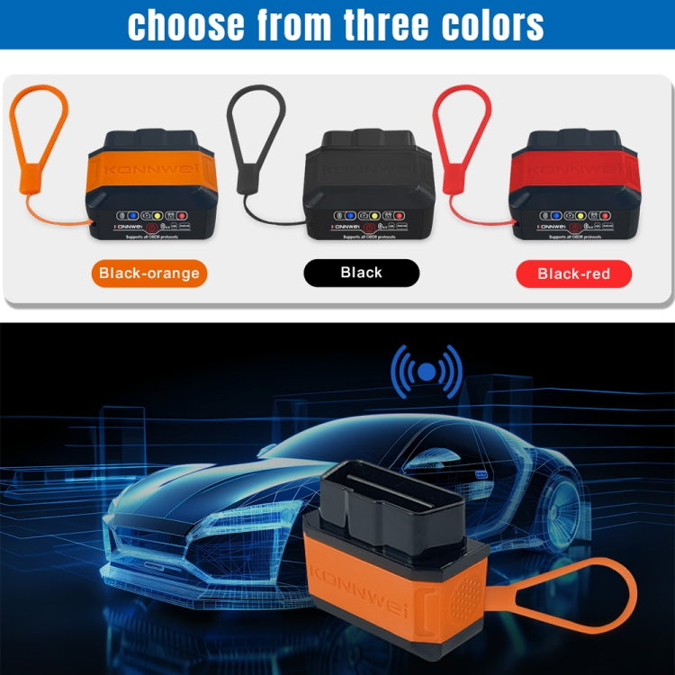 Bluetooth OBD2 scanner options in orange, black, and red with lanyard cables