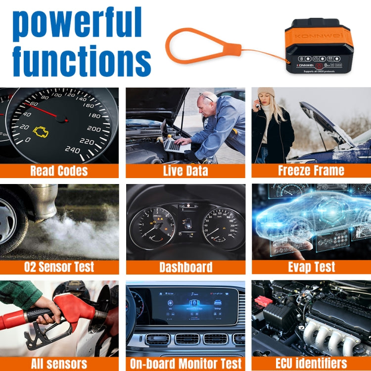 Bluetooth OBD2 scanner with orange cable, front connector panel shown
