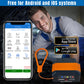 Bluetooth OBD2 scanner with orange cable next to a smartphone app connection