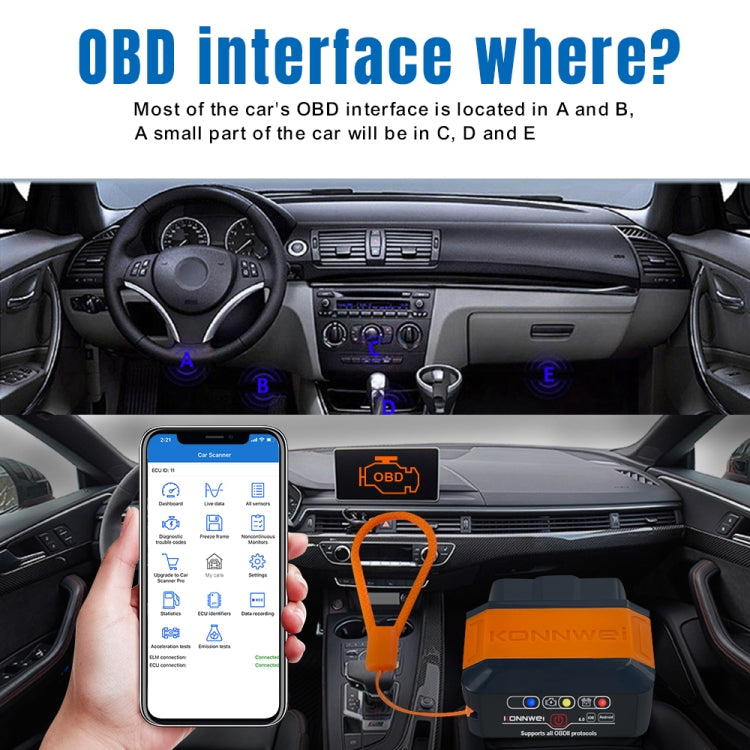 Bluetooth OBD2 scanner with orange cable and smartphone connected inside the car