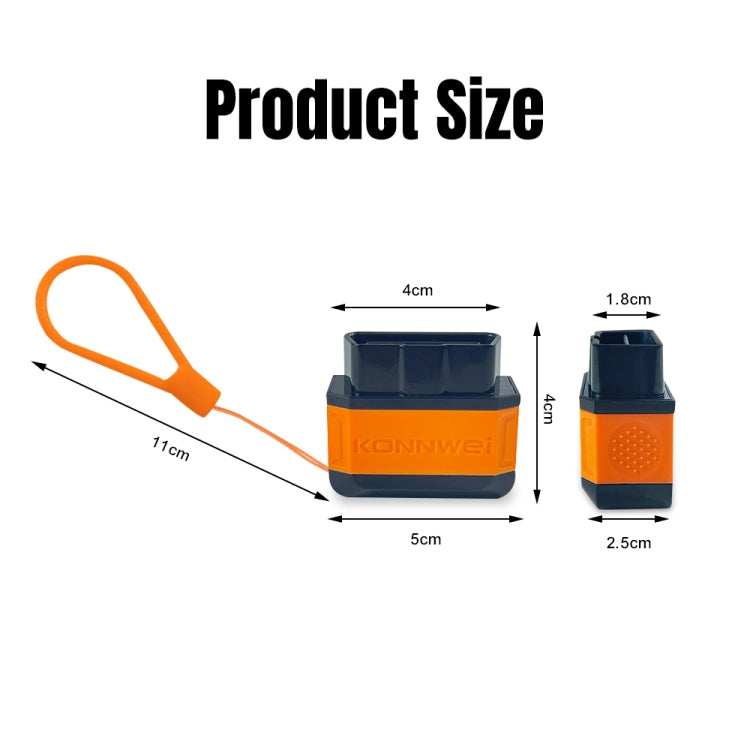 Bluetooth OBD2 scanner size diagram with orange cable and small dongle dimensions